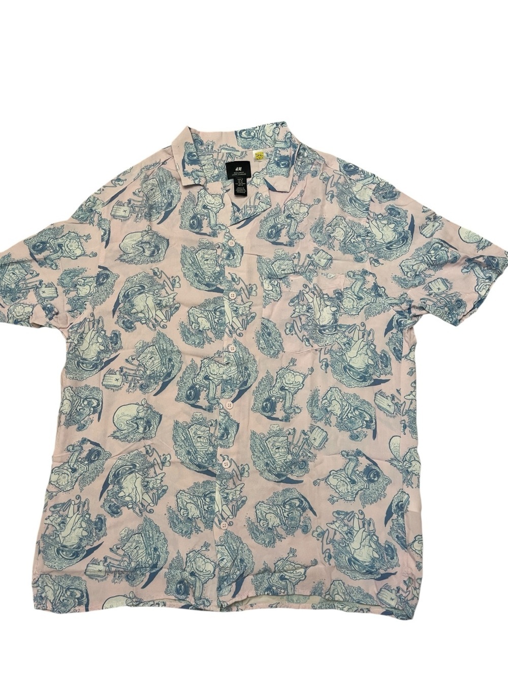 H&M SPONGEBOB SQUAREPANTS Pink Hawaiian Button Front Shirt Men’s Size M